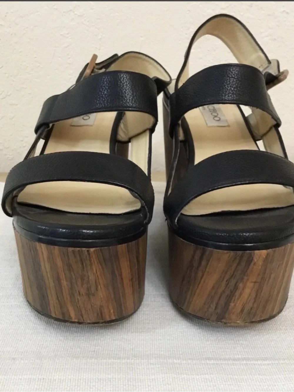 Jimmy Choo Black Leather Platform Wedge Sandals